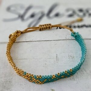 Miyuki Handmade Turquoise and Gold Adjustable Bracelet
